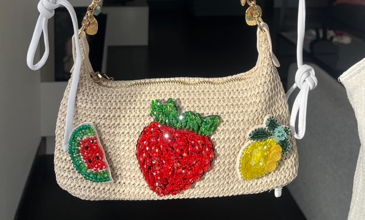 Beige beaded summer fruits charm bag