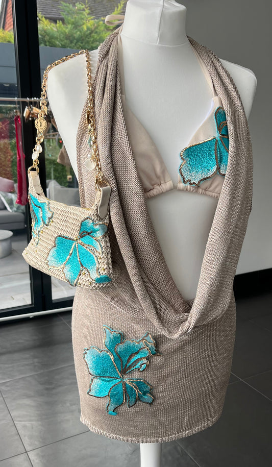 Beige Ocean blossom knit slouch front backless dress