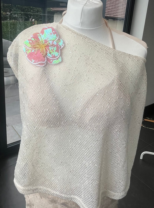 Beige pink flora poncho cover up