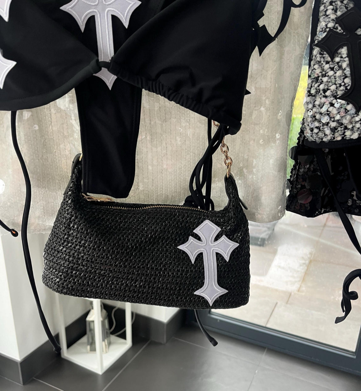 Black / white cross charm bag