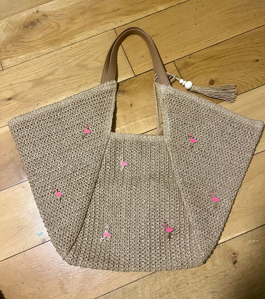 Beige Flamingo charm beach bag