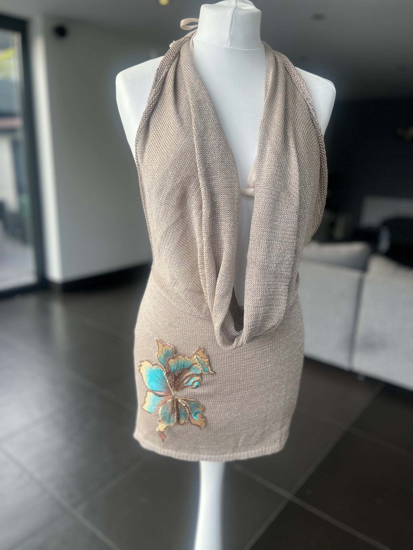 Beige Teal blossom knit slouch front backless dress