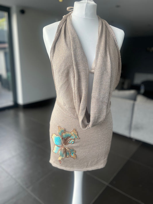 Beige Teal blossom knit slouch front backless dress