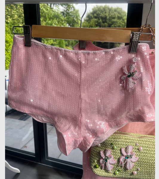 Pink beaded flora shorts ONLY