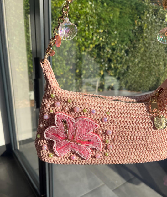 Pink beaded flora charm bag