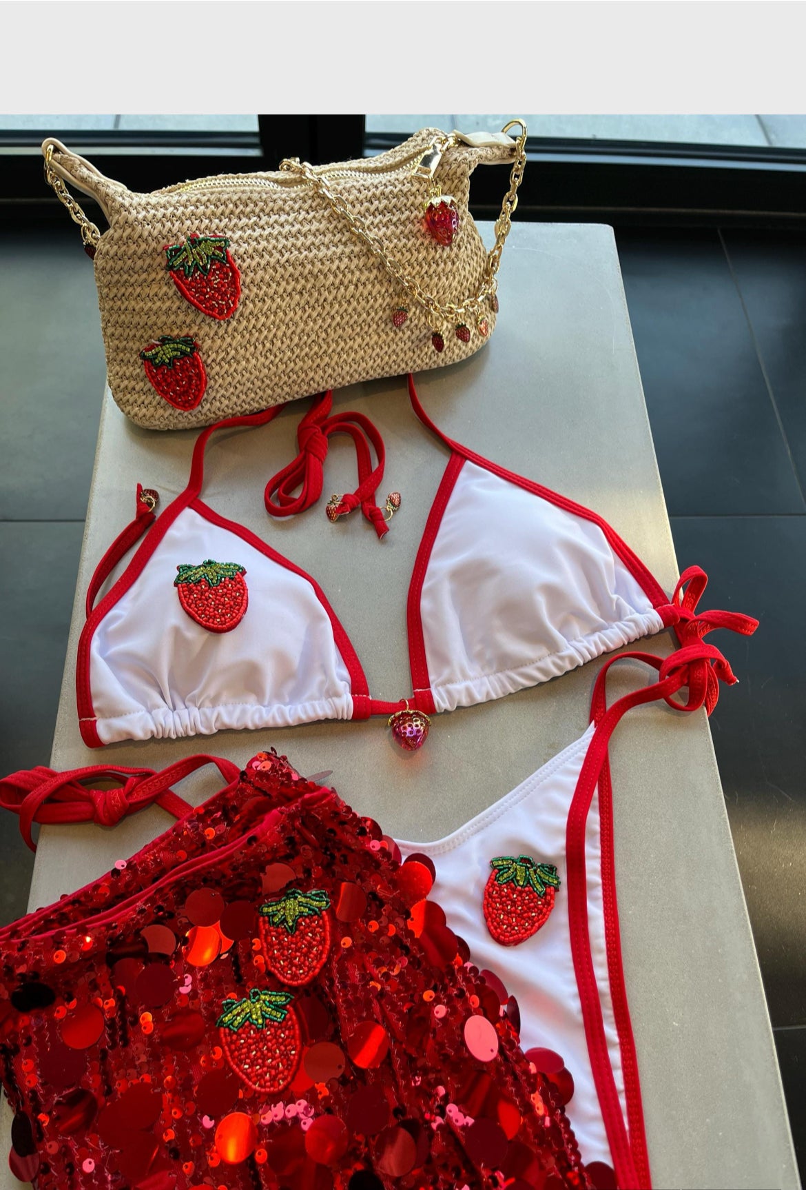 White & red strawberry bikini