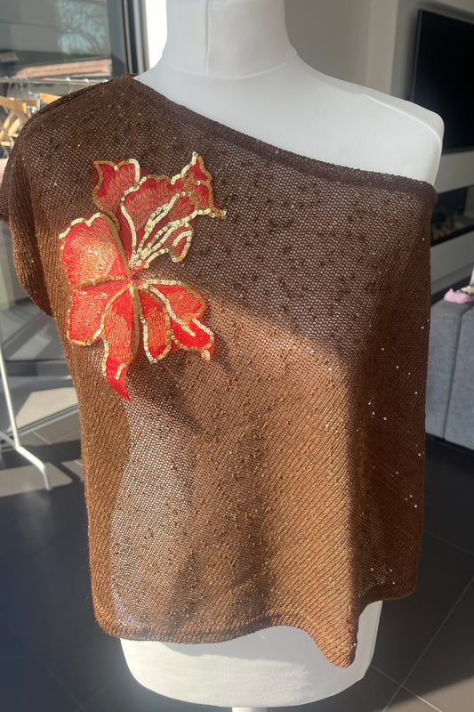 Brown Red blossom poncho cover up