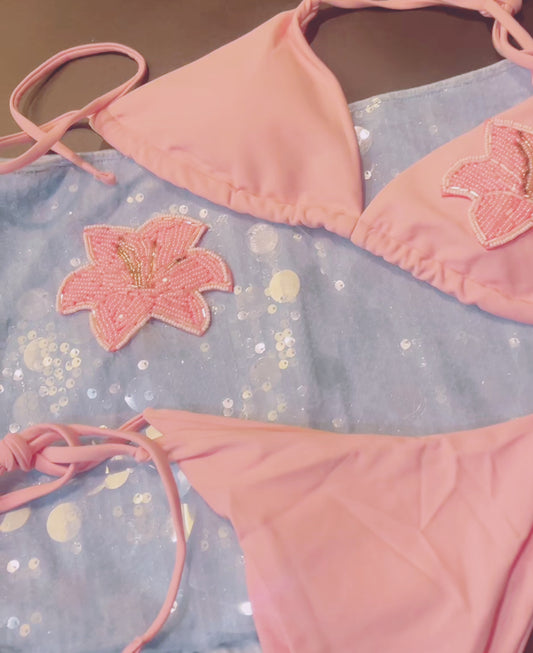 Blue beaded flora sequin skort