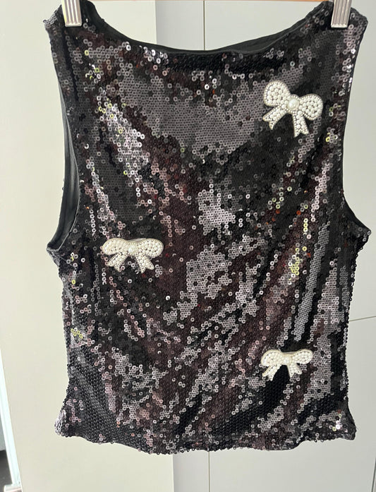 Black pearl bow sequin Tank top ONLY