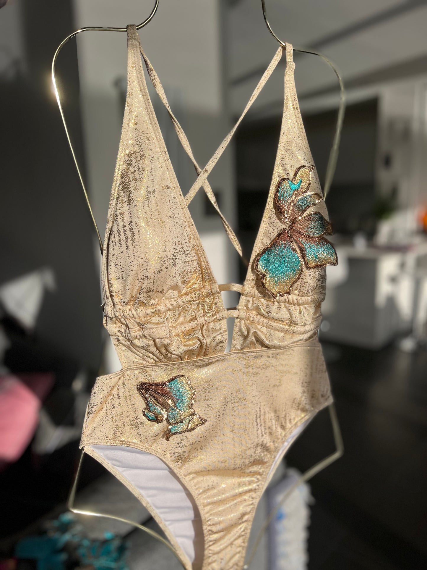 Beige Teal blossom One piece swimsuit