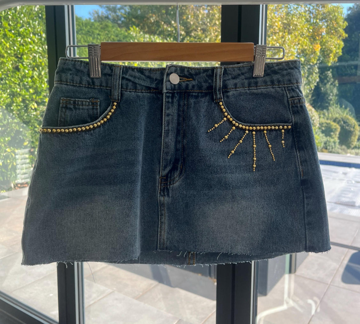 Hibiscus hand beaded denim skirt