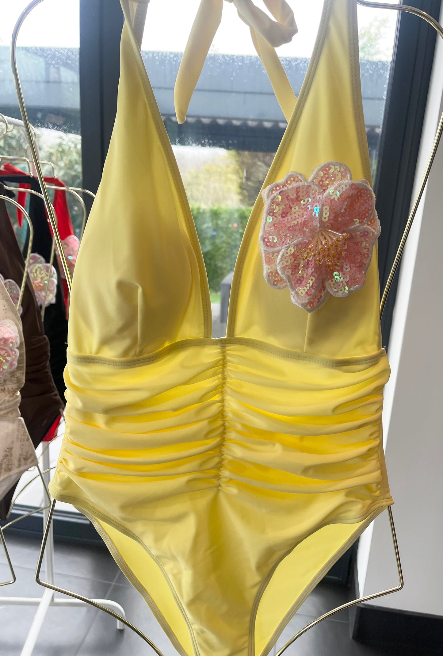 Yellow pink flora One piece swimsuit