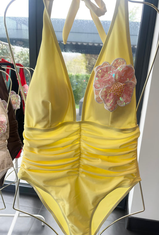Yellow pink flora One piece swimsuit