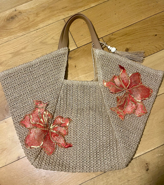 Beige Red blossom beach bag