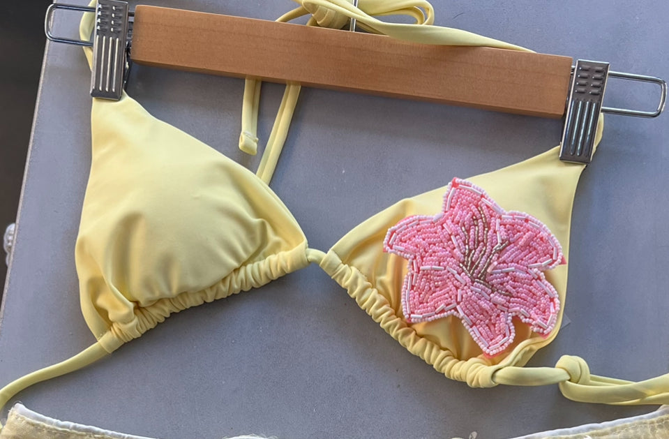Yellow beaded flora bikini