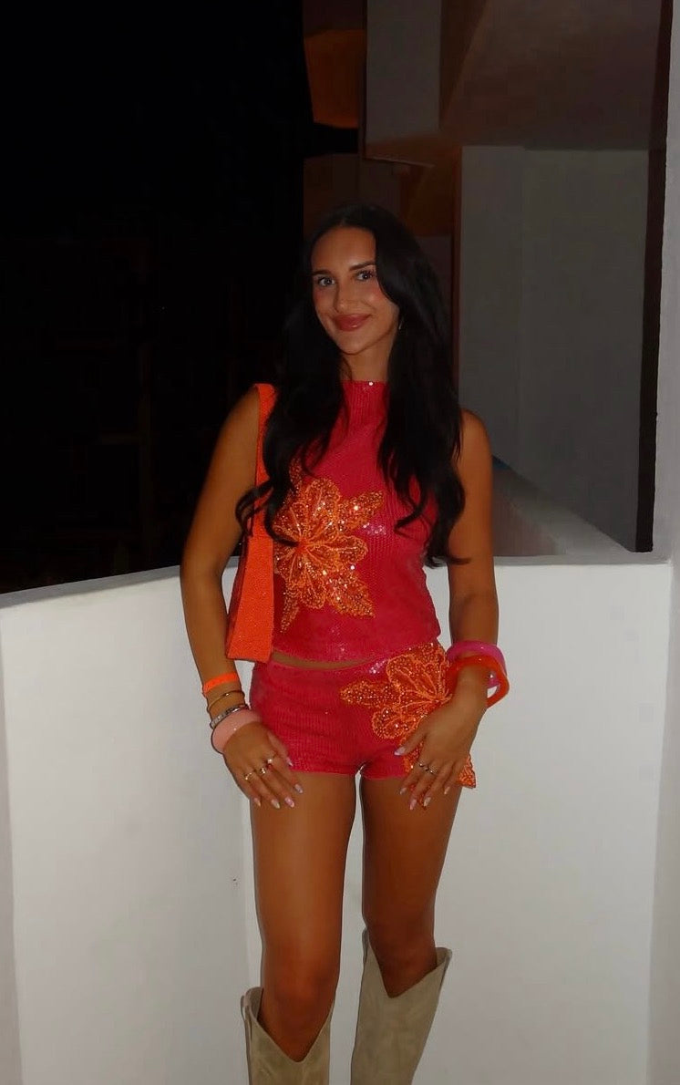 Hot pink / orange Gracie sequin tank n shorts SET