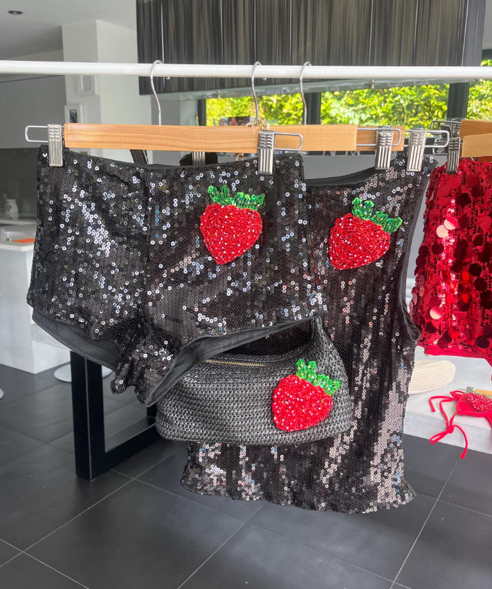 Black giant strawberry sequin Tank & shorts SET