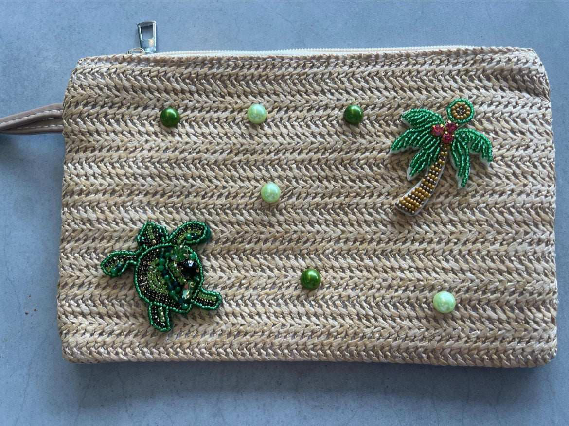 Beige palm tree & turtle clutch / pouch bag