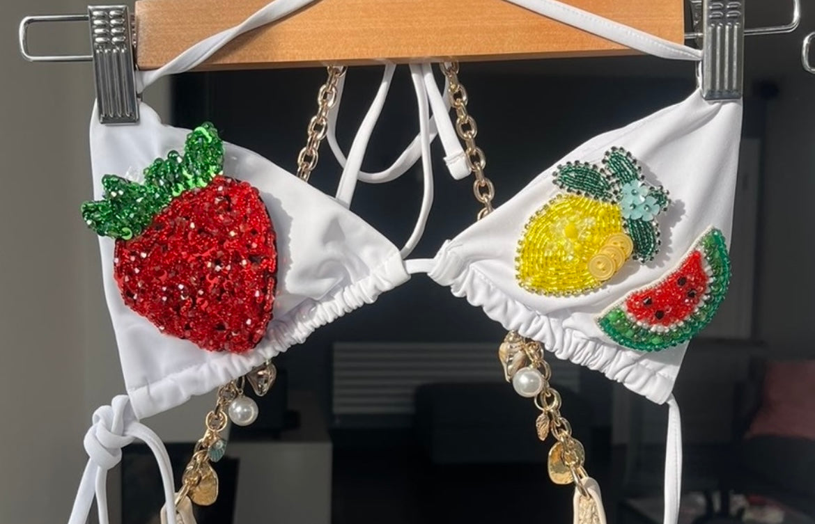 White beaded summer fruits bikini