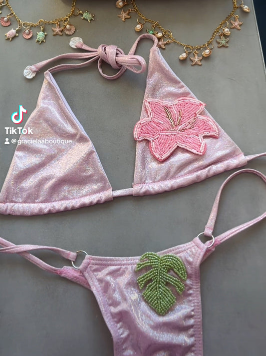 Pink sparkle beaded flora & leaf Micro & standard bikini
