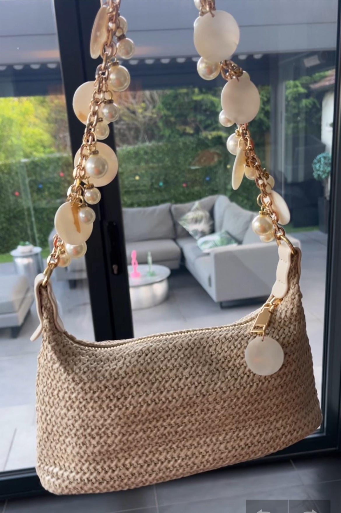 Beige pearls & shells charm bag