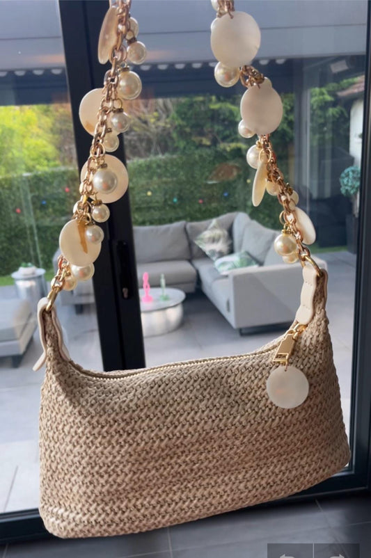 Beige pearls & shells charm bag