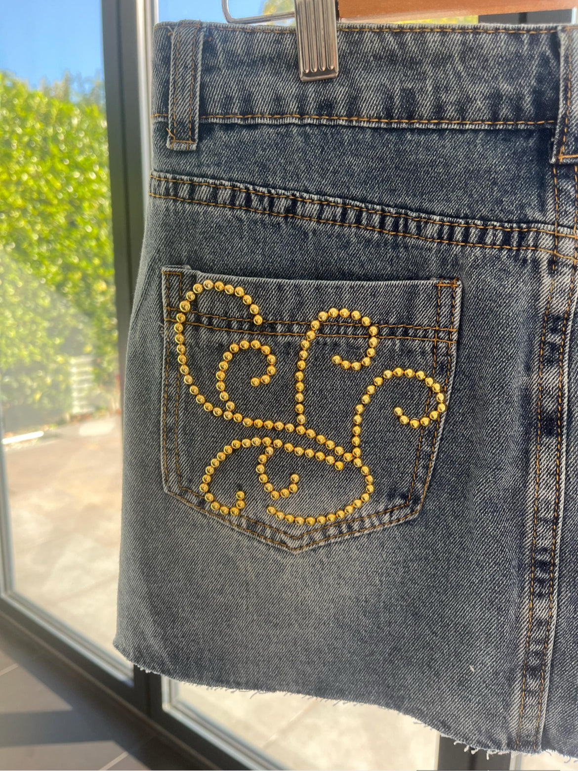 Hibiscus hand beaded denim skirt