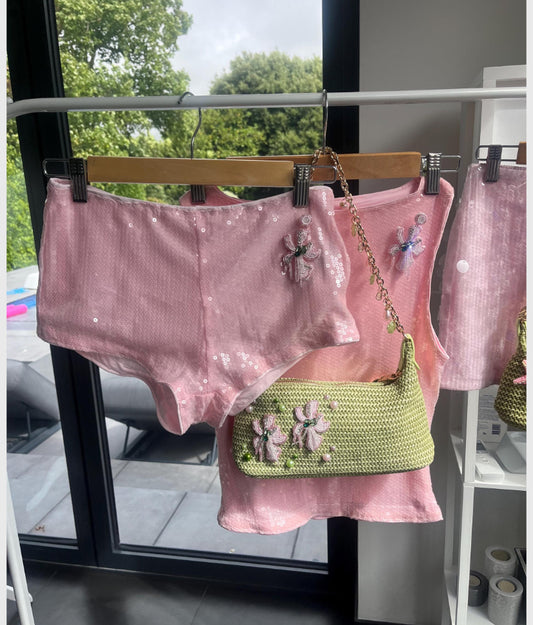 Pink beaded flora sequin Tank & shorts SET