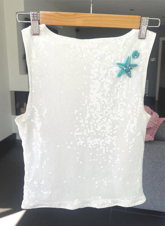 White / blue starfish sequin Tank top ONLY