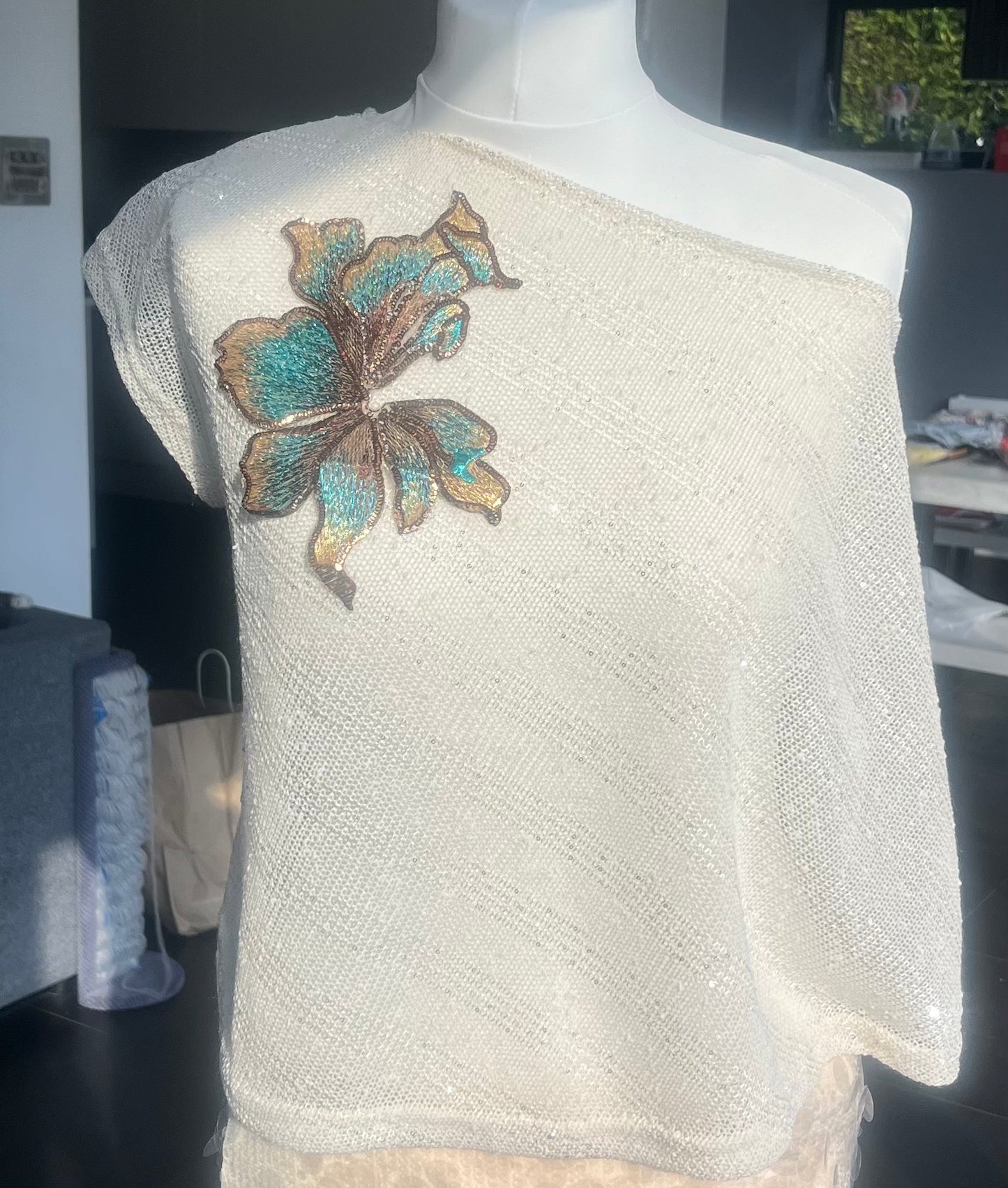 Beige teal blossom poncho cover up