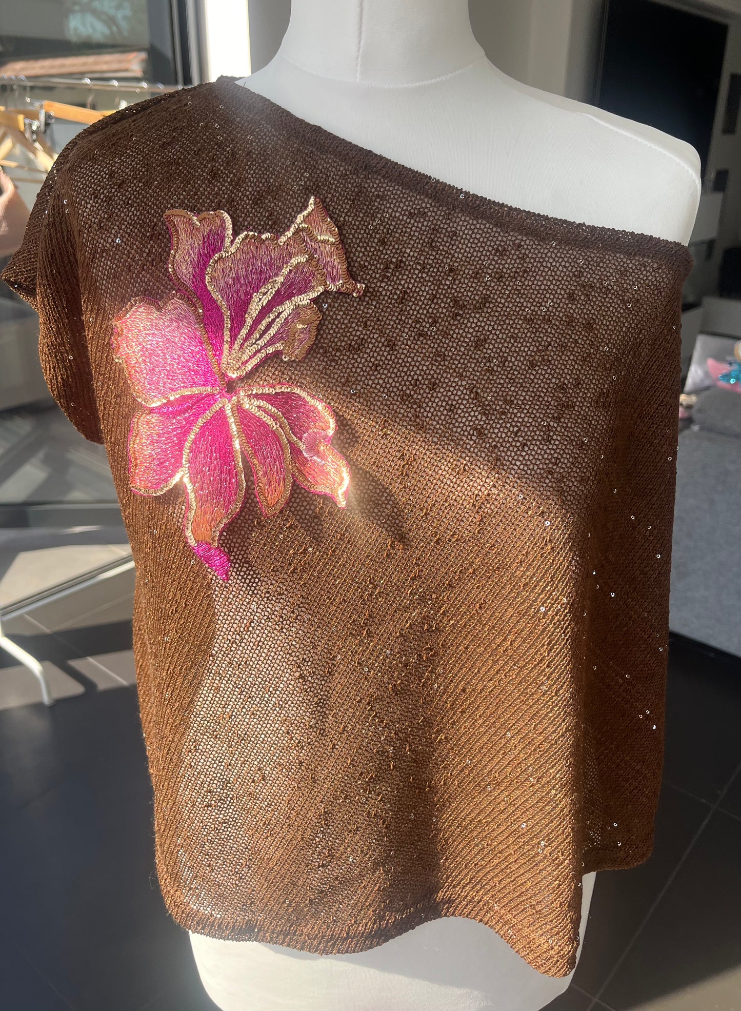Brown Pink blossom poncho cover up