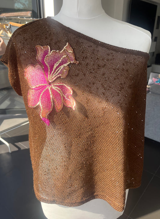 Brown Pink blossom poncho cover up