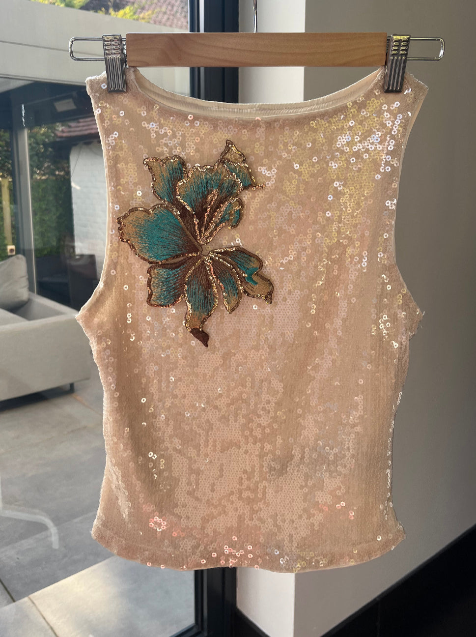 Beige Teal blossom sequin Tank & skort set