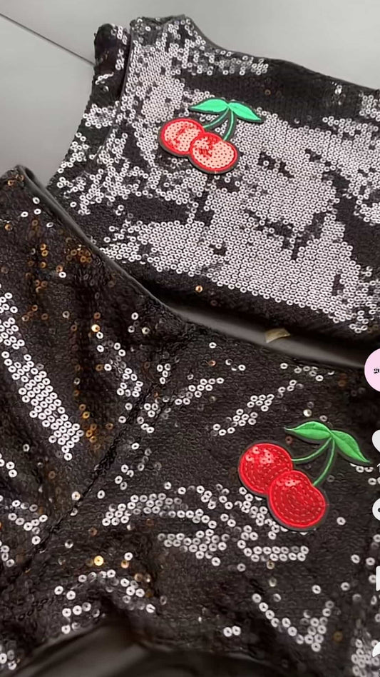 Black sequin cherry Tank & shorts SET