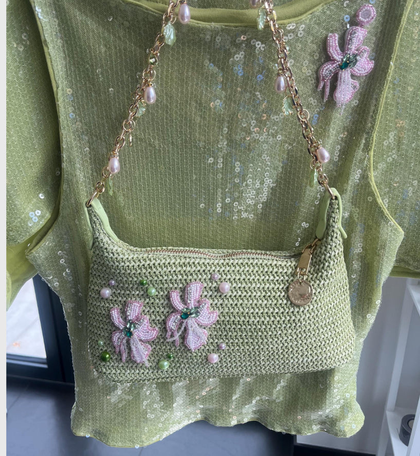 Matcha beaded flora charm bag