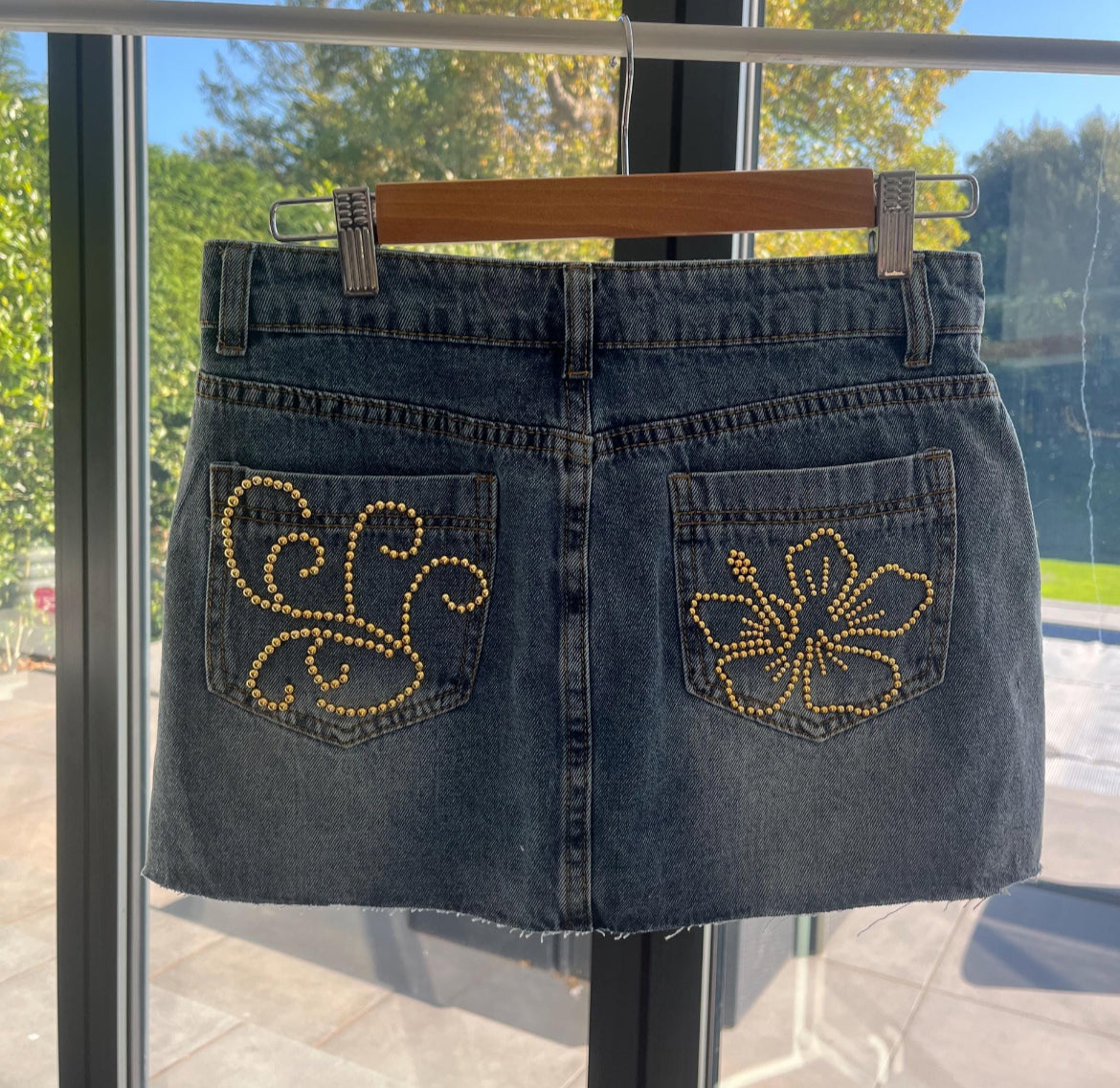 Hibiscus hand beaded denim skirt