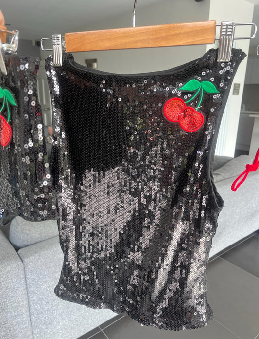Black sequin cherry tank top ONLY
