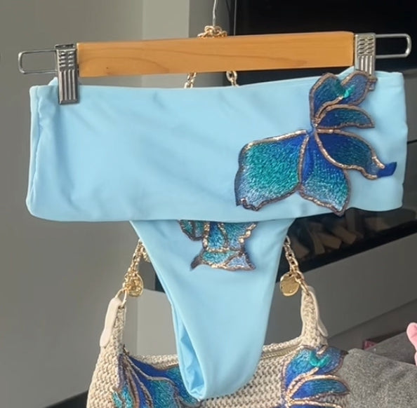 Blue blueberry blossom bandeau bikini