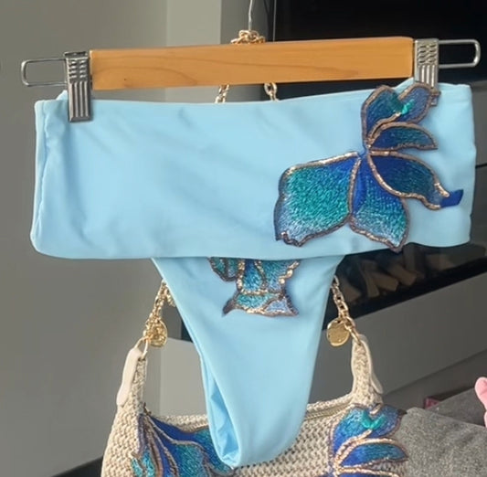 Blue blueberry blossom bandeau bikini