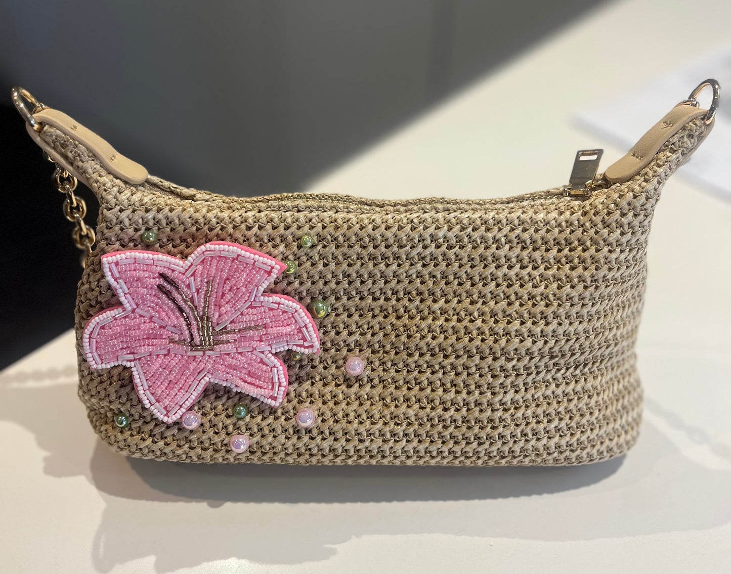 Beige beaded Flora charm bag