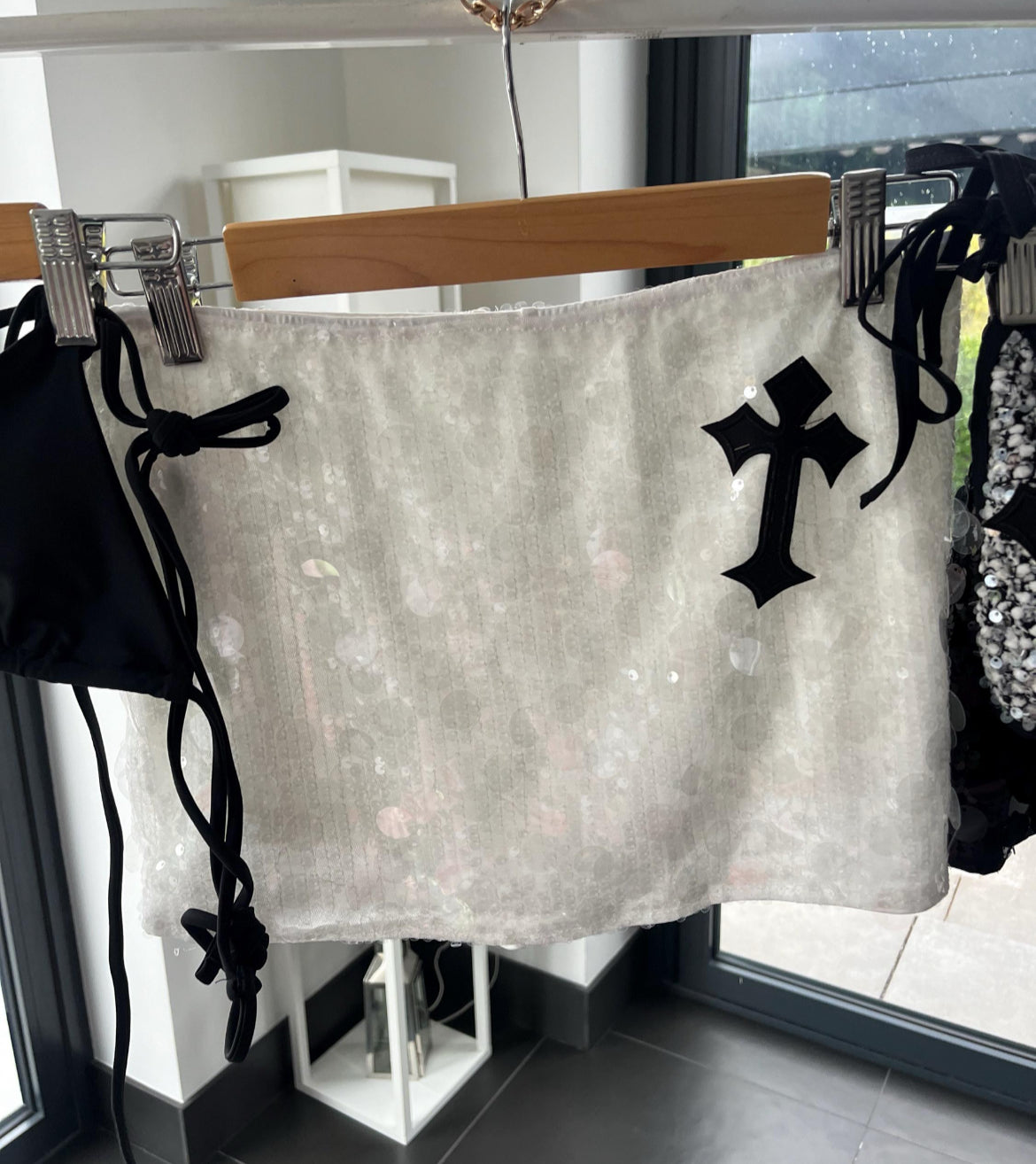 White / black cross sequin skort