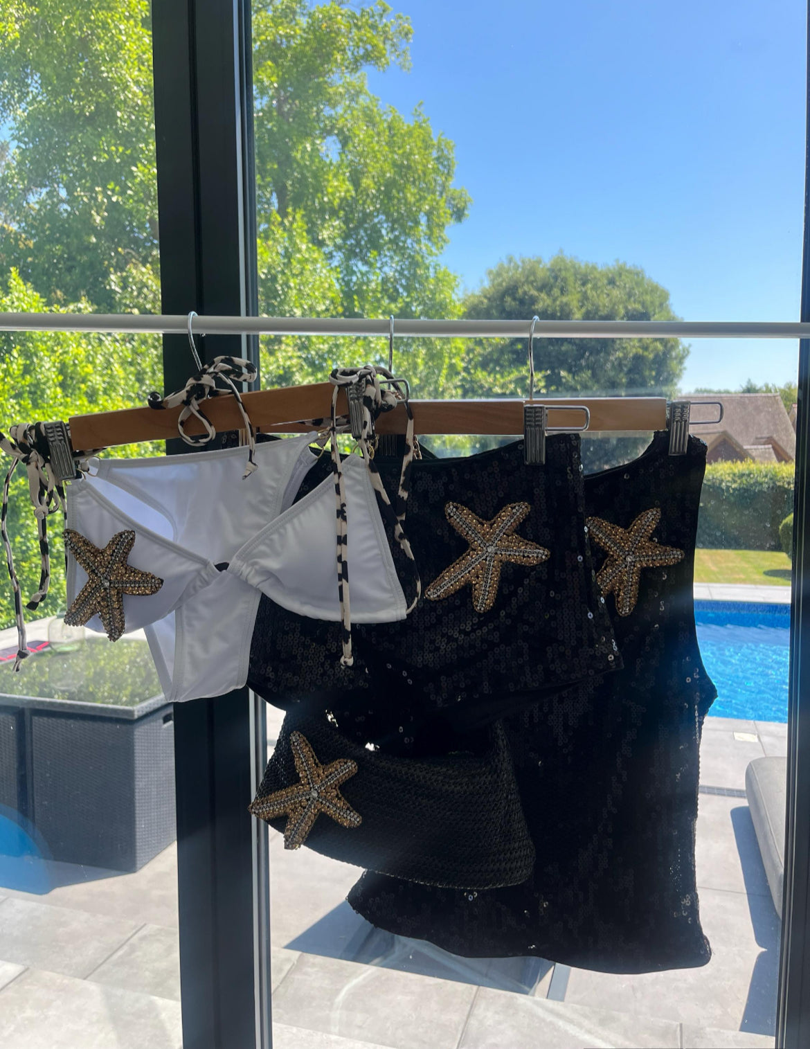 White / gold Gem starfish bikini Contrast Cow print ties - One of a kind