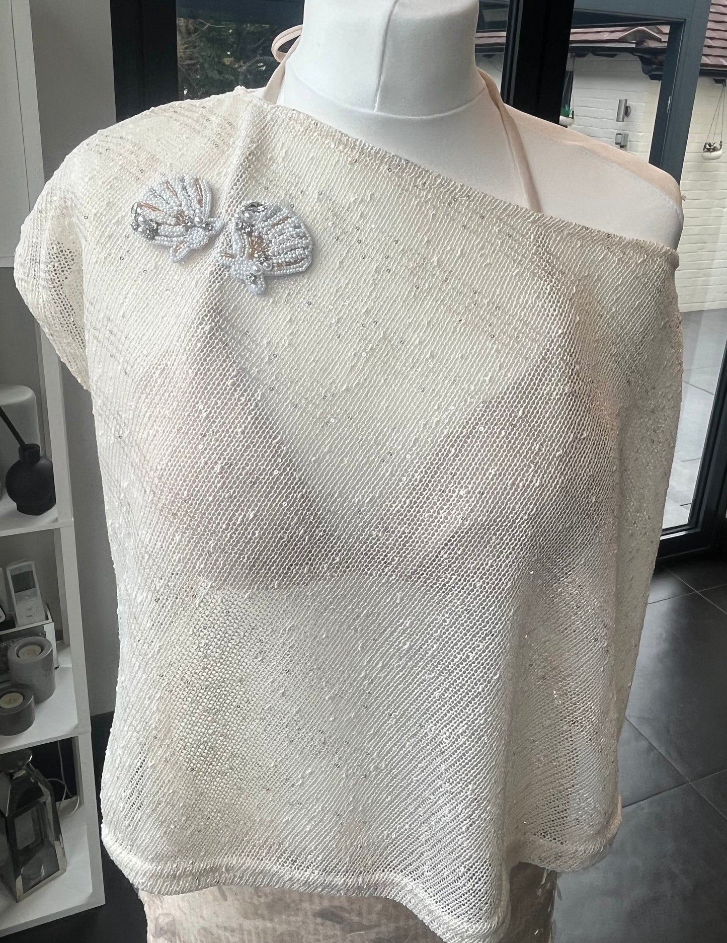Beige beaded seashells poncho cover up