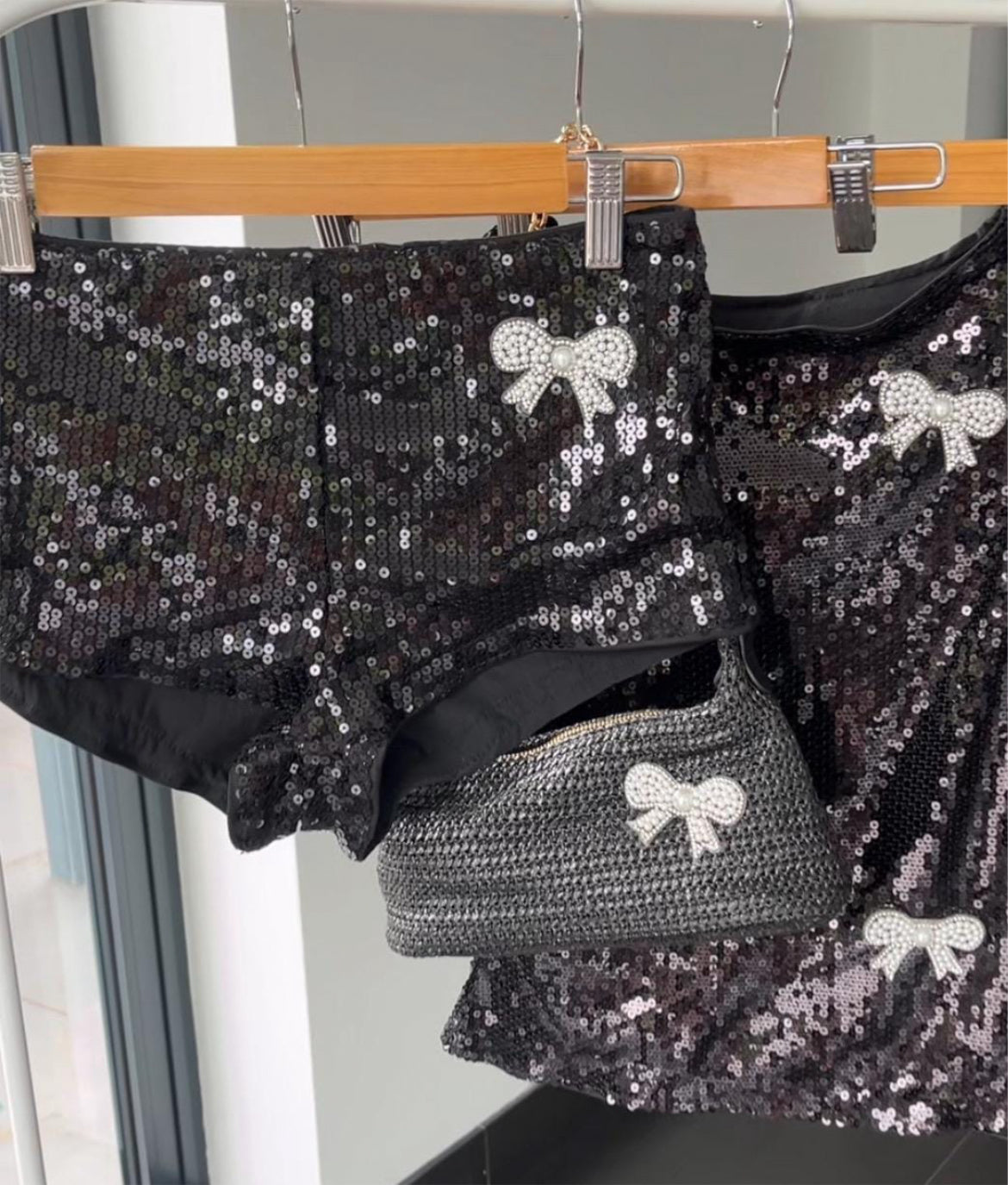 Black pearl bow sequin shorts ONLY