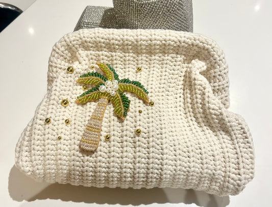 Crème beaded palm tree clutch bag