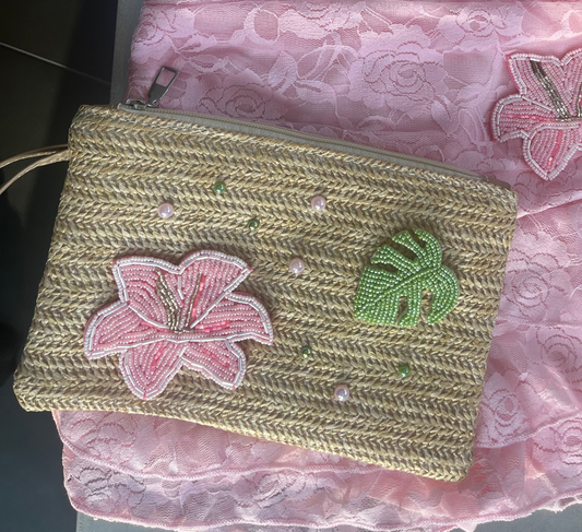 Beige beaded flora & leaf pouch / clutch bag