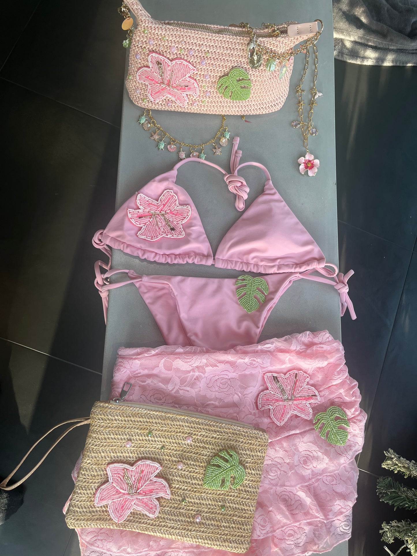 Pink beaded flora & leaf charm bag