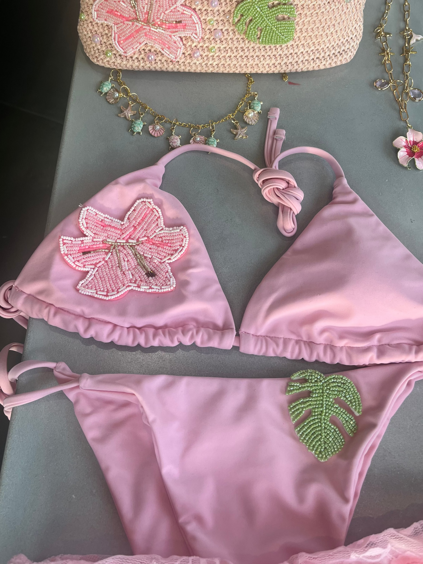 Pink beaded flora & leaf charm bag