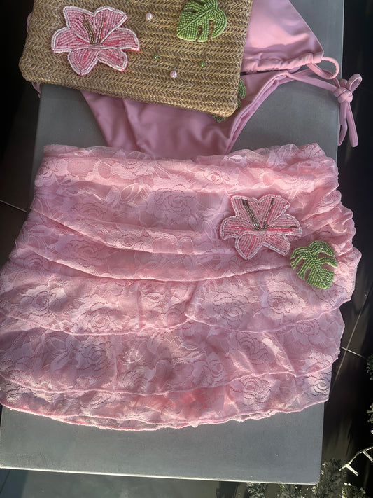 Pink beaded flora & leaf lace skort