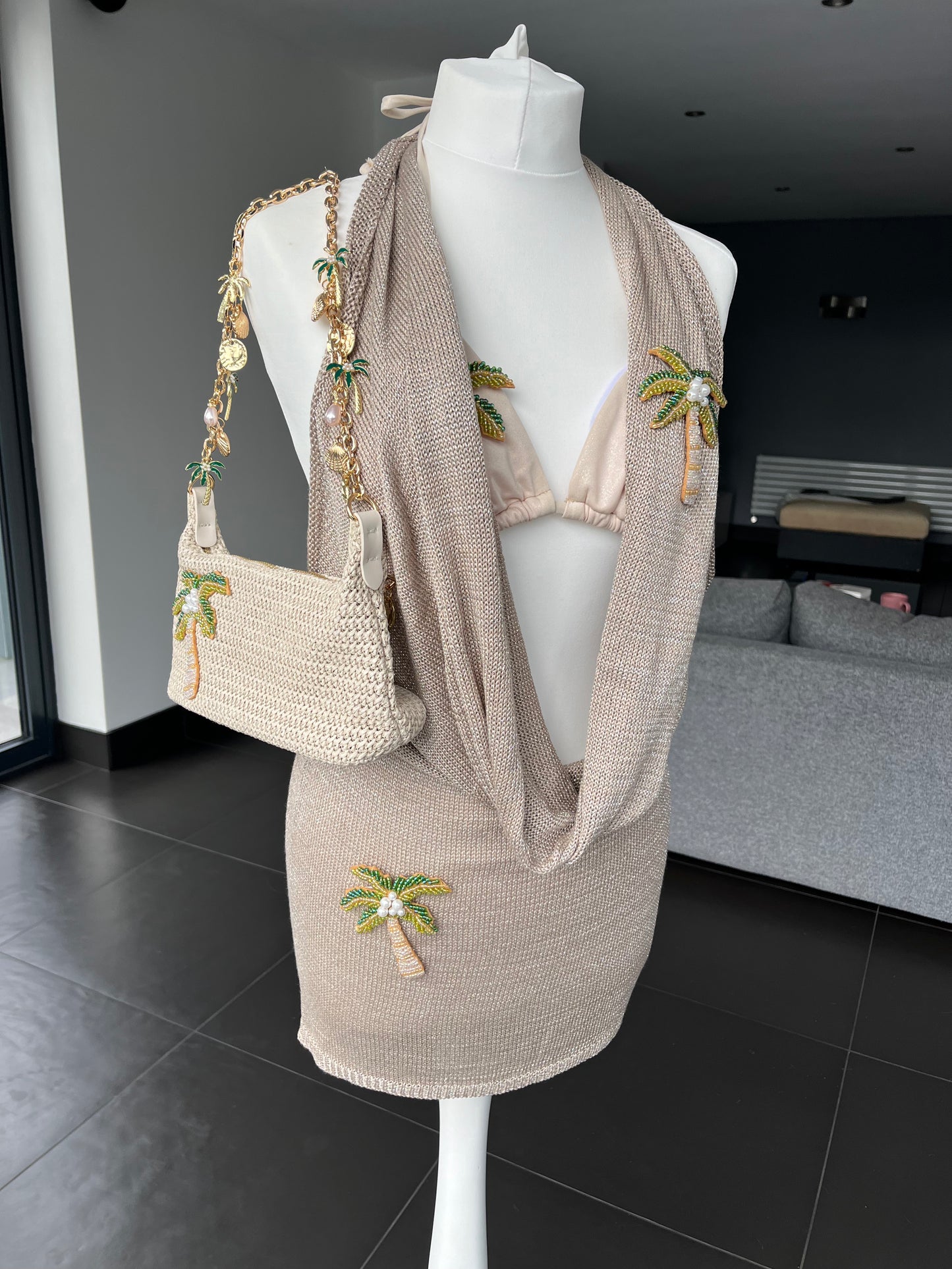 Beige beaded palm tree knit slouch front backless dress